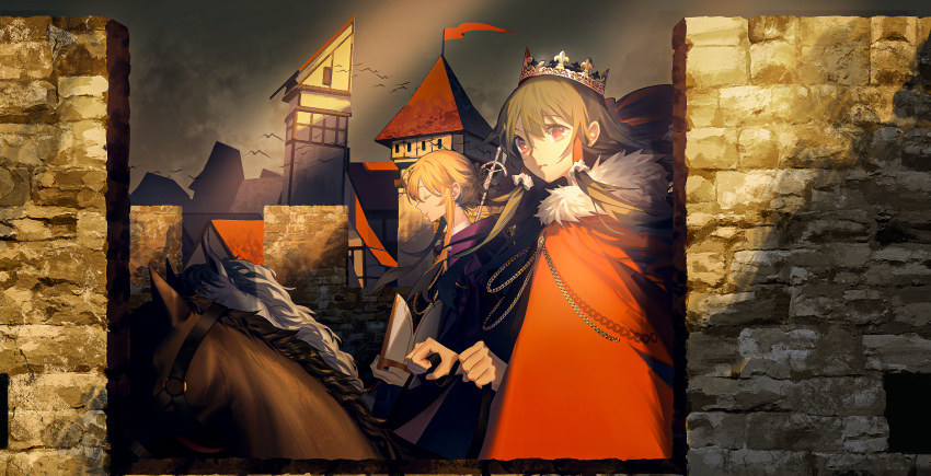 2girls absurdres alternate_costume bangs bird blonde_hair bridle brown_hair cape closed_eyes crown dress earrings flag flying frilled_hair_tubes frills from_side fur-trimmed_cape fur_trim grey_sky hair_behind_ear hair_between_eyes hair_tubes hair_up hakurei_reimu hat highres holding holding_clothes holding_hat holding_staff horse horseback_riding huge_filesize jewelry long_hair long_sleeves mitre multiple_girls nail_polish ouka_musci outdoors overcast purple_dress red_cape red_eyes reins riding sidelocks staff sunlight tied_hair touhou yakumo_yukari