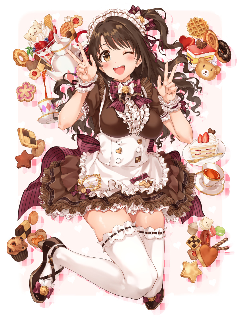 1girl ;d absurdres apron arm_up bangs blush bow bowtie breasts brown_dress brown_footwear brown_hair cake cake_slice commentary double_v dress eyebrows_visible_through_hair food frilled_apron frilled_dress frills hair_bow hand_up highres idolmaster idolmaster_cinderella_girls idolmaster_cinderella_girls_starlight_stage jumping long_hair looking_at_viewer maid_headdress medium_breasts one_eye_closed open_mouth puffy_short_sleeves puffy_sleeves purple_bow ribbon-trimmed_legwear ribbon_trim shimamura_uzuki shoes short_sleeves side_ponytail sirurabbit smile solo tea_set teeth thigh-highs upper_teeth v waist_apron white_apron white_legwear wrist_cuffs