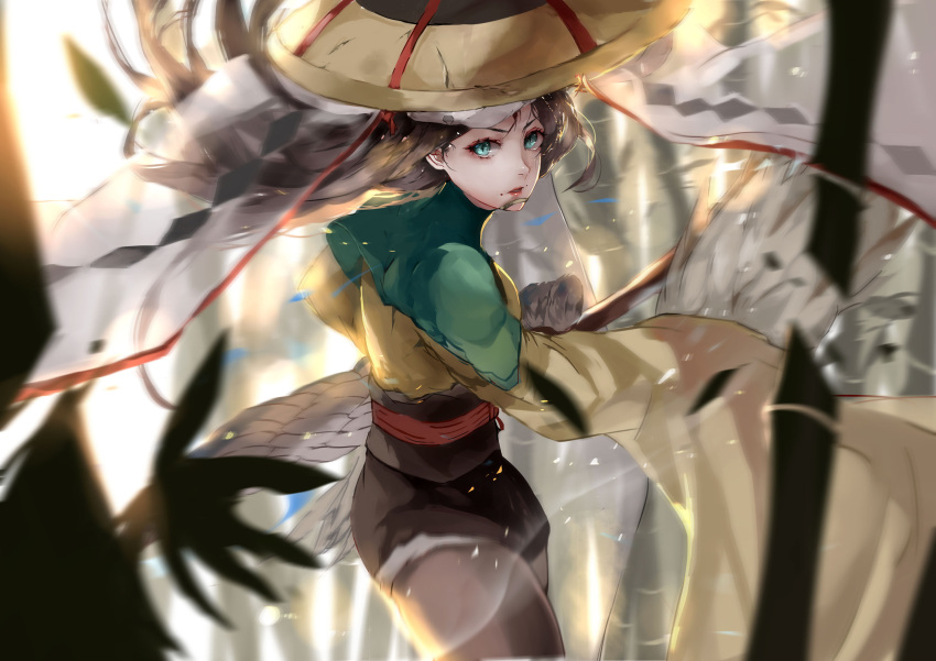1girl aqua_eyes bamboo bamboo_forest black_shorts blurry blurry_background blurry_foreground brown_hair character_request depth_of_field forest hat hat_ribbon highres legwear_under_shorts long_hair long_sleeves looking_at_viewer looking_to_the_side motion_blur nature onmyoji pantyhose ribbon short_shorts shorts solo vardan wide_sleeves