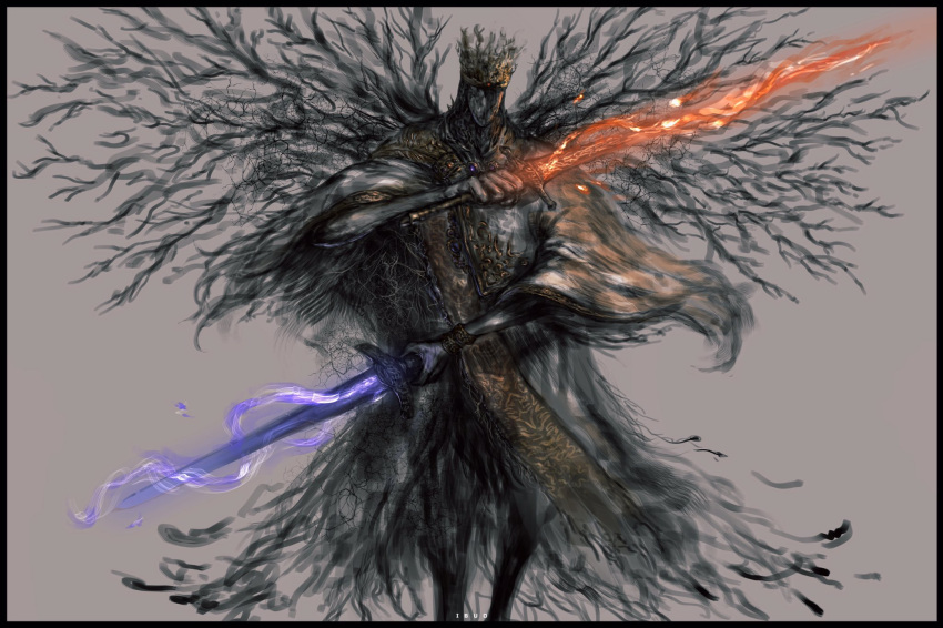 1boy armor black_border border bracelet crown dark_souls_iii dual_wielding flaming_sword flaming_weapon grey_background helmet highres holding holding_sword holding_weapon ibuo_(ibukht1015) jewelry male_focus pontiff_sulyvahn robe simple_background solo souls_(from_software) sword weapon wings