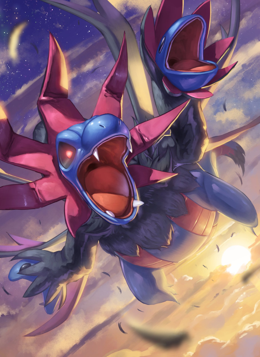 above_clouds black_fur blurry commentary fangs gen_5_pokemon glowing glowing_eyes highres hydreigon multiple_heads no_humans open_mouth pokemon pokemon_(creature) red_eyes solo spareribs sun tongue