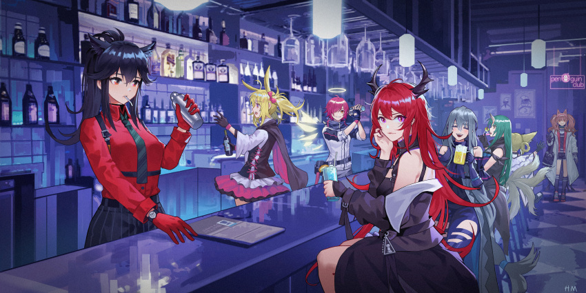 6+girls :d absurdres ahoge alcohol alternate_hairstyle angelina_(arknights) animal_ear_fluff animal_ears arknights arm_cuffs arm_support armor ascot bangs bar bare_shoulders beer beer_mug black_gloves black_hair black_jacket black_neckwear black_pants black_shirt black_vest blonde_hair blush bottle bow braid breastplate breasts brown_eyes brown_hair checkered checkered_floor chinese_commentary choker closed_eyes clothing_cutout cocktail_shaker commentary_request cup detached_collar detached_wings drinking drinking_glass elite_ii_(arknights) extra_ears exusiai_(arknights) eyebrows_visible_through_hair fingerless_gloves fox_ears fox_tail frilled_shirt frilled_skirt frills gloves green_hair grin hair_between_eyes hair_bow hair_over_one_eye hair_rings halo headband highres holding holding_bottle holding_cup horns hoshiguma_(arknights) indoors jacket light_brown_hair lips long_hair long_ponytail long_sleeves looking_at_viewer low-tied_long_hair medium_breasts medium_hair mug multiple_girls multiple_tails necktie neon_lights oni_horns open_clothes open_jacket open_mouth orange_eyes pants ponytail portrait_(object) qiufenghaiming red_bow red_eyes red_gloves red_neckwear red_shirt redhead shirt short_hair sidelocks silver_hair single_horn sitting skadi_(arknights) skirt sleeveless sleeveless_shirt small_breasts smile sora_(arknights) stool straight_hair striped striped_headwear surtr_(arknights) suzuran_(arknights) tail texas_(arknights) texas_(willpower)_(arknights) the_emperor_(arknights) thigh_cutout thigh_strap turtleneck twintails upper_body very_long_hair vest violet_eyes waving wavy_hair white_jacket white_shirt wine_bottle wine_glass wing_collar wings wolf_ears yellow_eyes