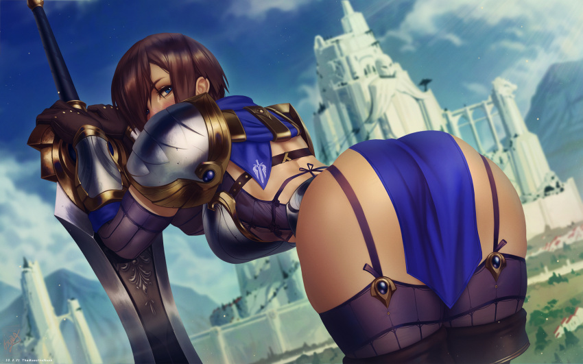 1girl armor artist_name ass black_gloves blue_eyes boots breastplate breasts brown_hair castle commentary dated garen_crownguard garter_straps gloves highres league_of_legends leaning_forward looking_back purple_legwear shoulder_armor signature solo sword themaestronoob thick_thighs thigh-highs thigh_boots thighs weapon