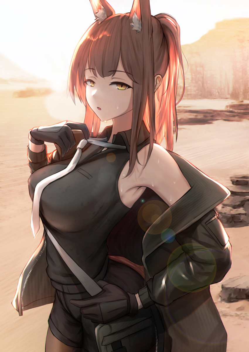1girl animal_ear_fluff animal_ears arknights bangs bare_shoulders black_gloves black_jacket black_shorts breasts brown_hair commentary_request cowboy_shot eyebrows_visible_through_hair fox_ears franka_(arknights) gloves hand_up highres jacket krirk lens_flare long_hair long_sleeves looking_at_viewer medium_breasts necktie off_shoulder official_alternate_costume open_clothes open_jacket outdoors parted_lips shirt shorts sleeveless sleeveless_shirt solo standing white_neckwear wing_collar yellow_eyes