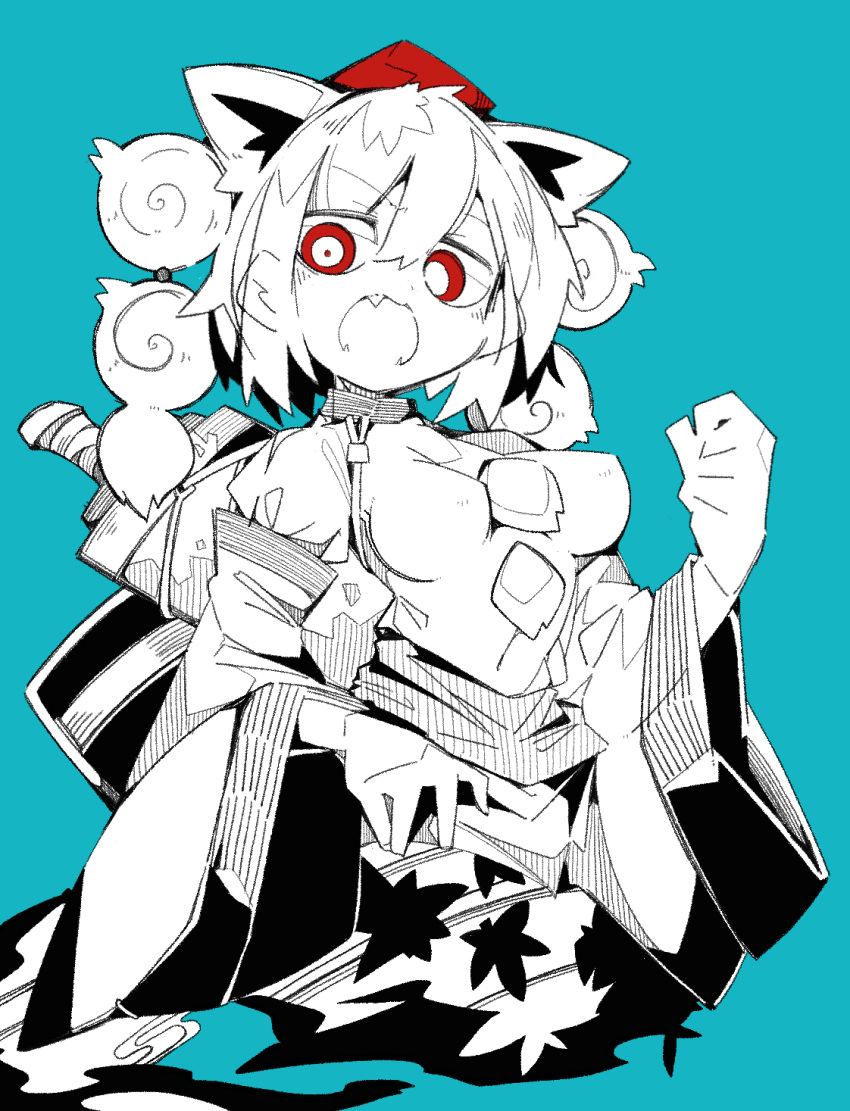 1girl animal_ears breasts cropped_legs fangs hand_up hat highres impossible_clothes impossible_shirt inubashiri_momiji leaf_print limited_palette long_sleeves looking_at_viewer ma_sakasama medium_breasts open_mouth pom_pom_(clothes) red_eyes red_headwear shield shirt short_hair solo sword sword_behind_back tokin_hat touhou upper_body weapon wide_sleeves wolf_ears