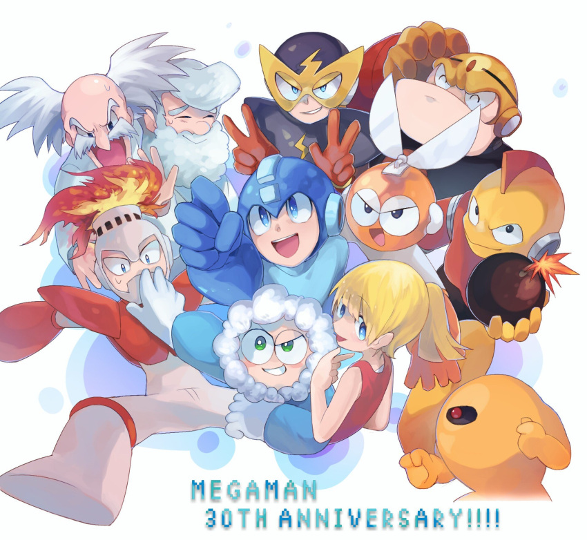 1girl 6+boys ^_^ albert_w_wily anniversary arm_cannon arm_up armor bald bangs bare_shoulders beard black_eyes black_sclera blade blonde_hair blue_coat blue_eyes blue_headwear blue_shirt blush blush_stickers bodysuit bomb bomberman_(rockman) boots breastplate chikichi child clenched_hand clenched_hands closed_eyes closed_mouth coat colored_sclera colored_skin commentary copyright_name cutman dress elecman english_commentary english_text everyone eyebrows_visible_through_hair facial_hair fire fireman from_behind fur-trimmed_hood fur_trim fuse gloves green_eyes grey_headwear grin gutsman hand_up hands_up happy helmet highres holding holding_bomb hood iceman jpeg_artifacts knee_boots labcoat lightning_bolt long_sleeves looking_back looking_up mask mixed-language_commentary mohawk multiple_boys mustache old old_man one-eyed open_mouth orange_gloves orange_skin outstretched_arm parka pointing ponytail red_dress red_eyes red_gloves redhead rockman rockman_(character) rockman_(classic) roll_(rockman) scratching_head shiny shiny_skin shirt short_hair shoulder_armor sidelocks simple_background sleeveless sleeveless_dress smile spread_legs sweat teeth thomas_light tied_hair uneven_eyes v vambraces w weapon white_background white_bodysuit white_coat white_footwear white_gloves white_hair yellow_devil yellow_gloves yellow_headwear yellow_skin