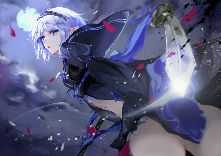 1girl bangs black_skirt blue_eyes blue_hair breasts character_request clouds copyright_request hairband highres katana light_particles long_sleeves miniskirt moon navel night obi parted_lips petals pleated_skirt pointy_ears sash skirt sky sleeves_past_fingers sleeves_past_wrists solo sword vardan weapon