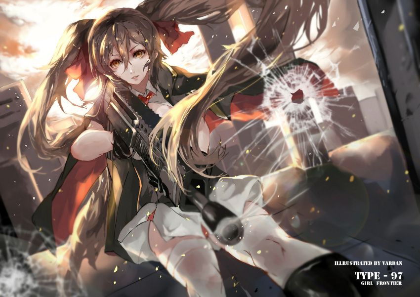 1girl absurdres bangs black_coat black_gloves brown_eyes brown_hair bullet_hole coat collared_shirt eyebrows_visible_through_hair floating_hair girls_frontline gloves gun hair_between_eyes hair_ribbon highres holding holding_gun holding_weapon jacket light_particles long_hair looking_at_viewer necktie parted_lips pleated_skirt qbz-97 qbz-97_(girls_frontline) red_ribbon ribbon shirt skirt solo thigh-highs twintails uniform vardan weapon white_legwear white_shirt white_skirt wind zettai_ryouiki