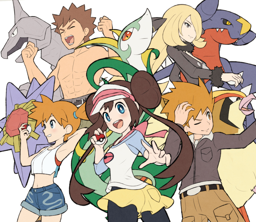 2boys 3girls abs bangs belt black_legwear blonde_hair blue_eyes blue_oak blush bow bright_pupils brock_(pokemon) brown_hair clenched_hands closed_eyes closed_mouth coat commentary_request cynthia_(pokemon) double_bun fur-trimmed_coat fur_collar fur_trim garchomp gen_1_pokemon gen_4_pokemon gen_5_pokemon gonzarez grey_eyes hair_ornament hair_over_one_eye hair_tie hands_up holding holding_poke_ball jacket long_sleeves misty_(pokemon) multiple_boys multiple_girls navel one_eye_closed onix open_mouth orange_hair pants pantyhose pidgeot pink_bow poke_ball poke_ball_(basic) pokemon pokemon_(creature) pokemon_(game) pokemon_bw2 pokemon_dppt pokemon_hgss pokemon_lgpe pokemon_masters_ex raglan_sleeves rosa_(pokemon) serperior shirt shirtless short_hair short_shorts shorts side_ponytail simple_background smile spiky_hair starmie tank_top teeth tied_hair tongue twintails visor_cap white_background yellow_shorts