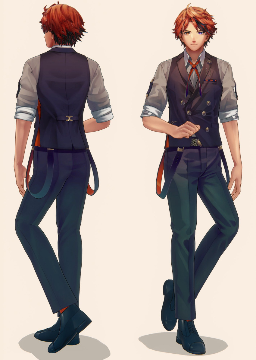 1boy 3d black_vest character_name clenched_hand fangs hand_on_hip heterochromia highres holostars male_focus mole mole_under_eye multiple_views official_art open_hand open_mouth orange_eyes orange_hair pufeyarou red_neckwear salute smile standing standing_on_one_leg upper_body vest yukoku_roberu