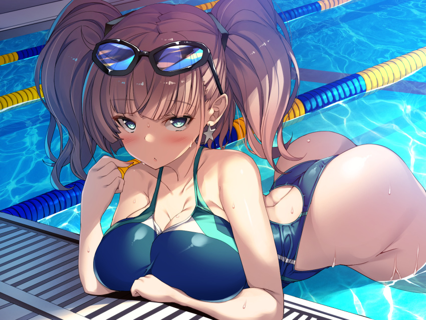 1girl alternate_costume ass atlanta_(kancolle) bangs bare_arms bare_shoulders blue_swimsuit blush breast_rest breasts brown_hair collarbone commentary_request competition_swimsuit earrings eyebrows_visible_through_hair eyewear_on_head grey_eyes highleg highleg_swimsuit highres jewelry kantai_collection large_breasts long_hair looking_at_viewer lying one-piece_swimsuit partially_submerged pool poolside solo swimsuit thong torisan two_side_up water wet