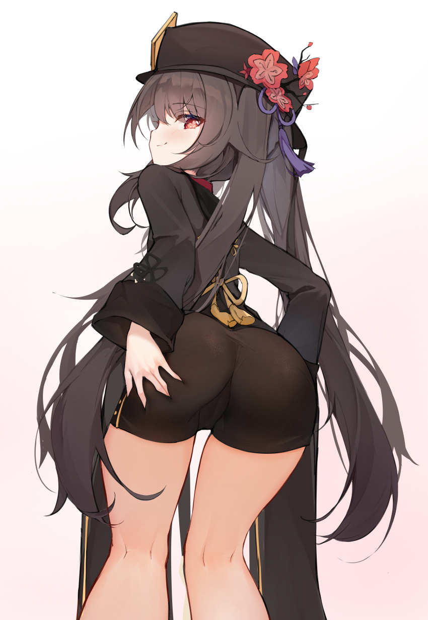 1girl absurdres ass black_hair black_headwear black_shirt black_shorts chinese_clothes flower from_behind genshin_impact hat hat_flower highres hu_tao leaning_forward long_hair long_sleeves looking_at_viewer looking_back plum_blossoms red_eyes rika_(mikunopantsu) shirt short_shorts shorts simple_background smile solo standing thighs twintails very_long_hair white_background