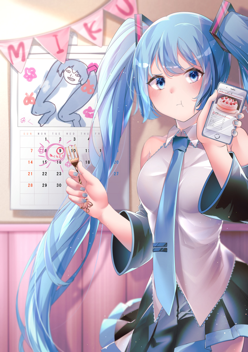 1girl :t absurdres bangs bare_shoulders black_skirt black_sleeves blue_eyes blue_hair blue_nails blue_neckwear calendar_(object) cellphone character_name commentary cowboy_shot detached_sleeves fork grey_shirt hair_ornament hand_up hatsune_miku highres holding holding_fork holding_phone huge_filesize indoors long_hair looking_at_viewer miniskirt multiple_sources nail_polish necktie phone pleated_skirt pout shirt shiteyan'yo skirt sleeveless sleeveless_shirt smartphone solo standing string_of_flags sumomooekaki twintails v-shaped_eyebrows very_long_hair vocaloid