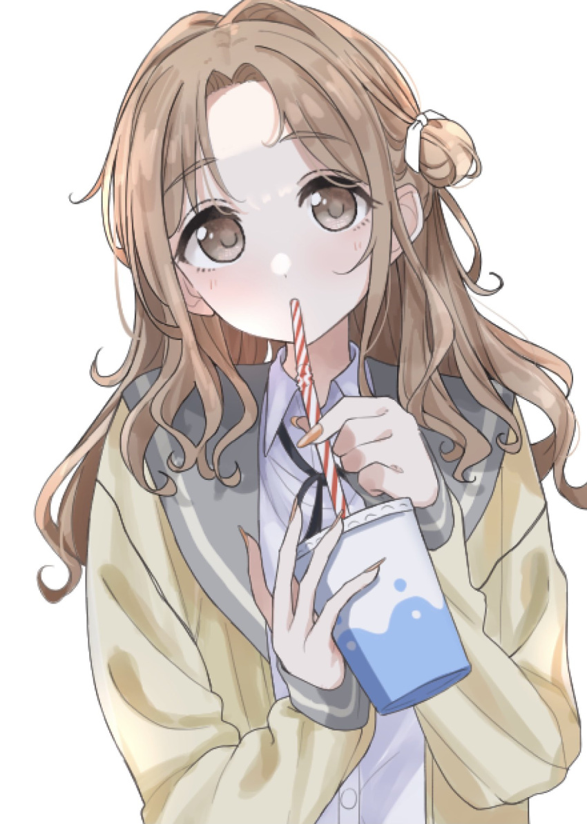 1girl bangs bendy_straw blush bow brown_eyes brown_hair brown_jacket brown_nails commentary_request cup disposable_cup drinking_straw eyebrows_visible_through_hair fingernails grey_sailor_collar hair_bow hair_bun highres holding holding_cup ichikawa_hinana idolmaster idolmaster_shiny_colors jacket long_fingernails long_hair looking_at_viewer nail_polish open_clothes open_jacket parted_bangs sailor_collar shirt shiwa_(siwaa0419) side_bun simple_background solo white_background white_bow white_shirt