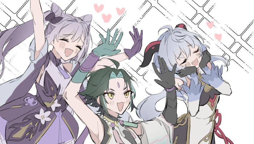 1boy 2girls :3 ahoge aqua_hair arms_up asymmetrical_clothes bangs black_bodysuit black_gloves blush bodysuit bow breasts closed_eyes comedy detached_sleeves double_bun dress facial_mark forehead ganyu_(genshin_impact) genshin_impact gloves goat_horns green_hair hair_bow heart highres honeymilk0252 horns keqing_(genshin_impact) long_hair multicolored_hair multiple_girls open_mouth out_of_character purple_gloves purple_hair simple_background twintails xiao_(genshin_impact) yellow_eyes
