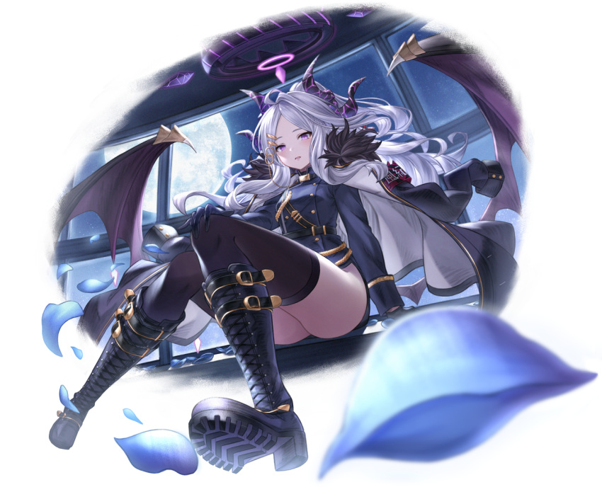 1girl armband black_legwear blue_archive boots commentary_request full_moon hina_(blue_archive) horns looking_at_viewer mechanical_halo military military_uniform moon night silver_hair sitting solo tazaki_hayato thigh-highs thighs uniform violet_eyes