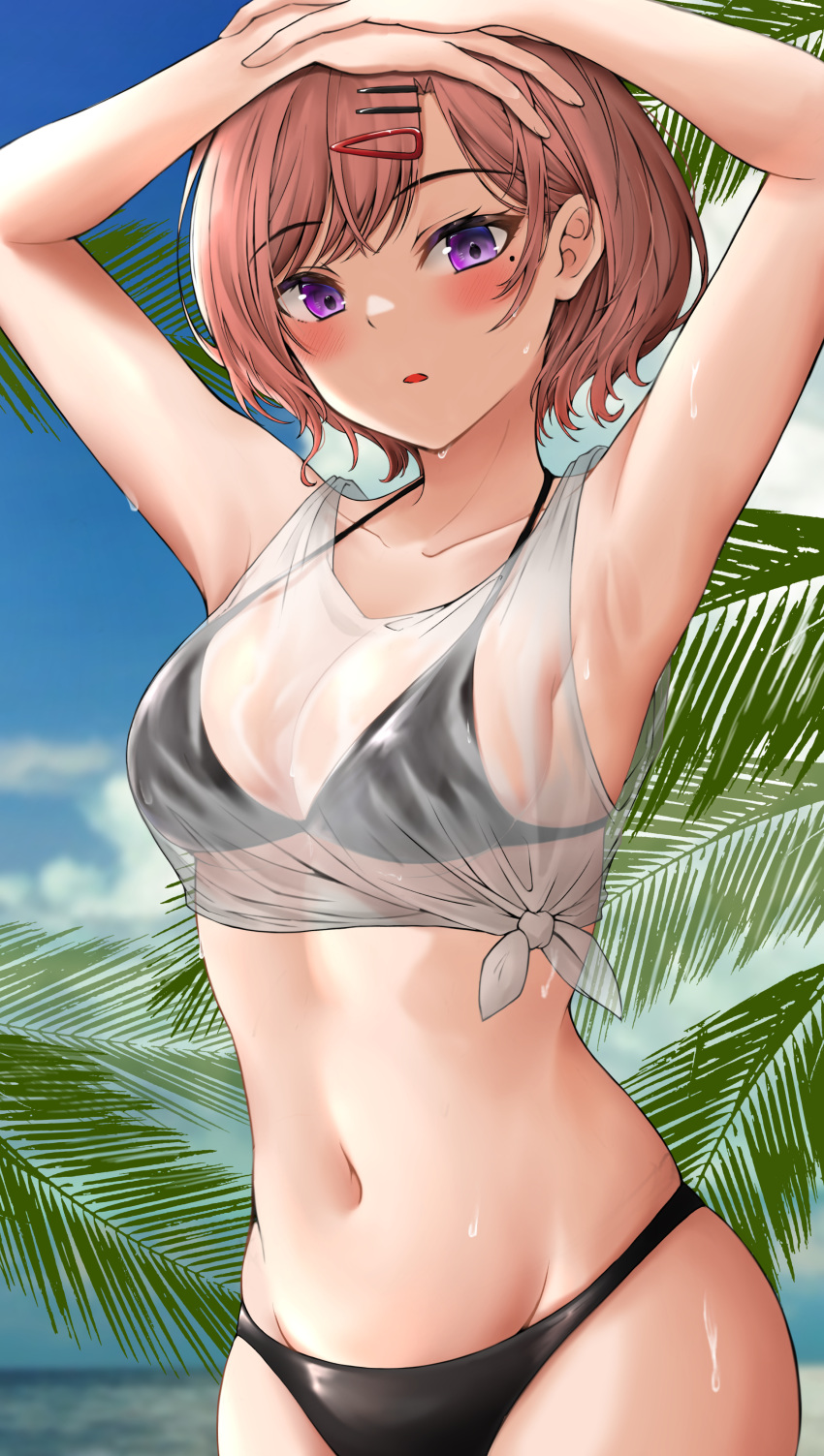 1girl absurdres armpits arms_up bikini black_bikini blue_sky breasts brown_hair clouds day dstwins97 hair_ornament hairclip highres higuchi_madoka idolmaster idolmaster_shiny_colors looking_at_viewer medium_breasts mole mole_under_eye outdoors see-through shirt short_hair sky solo sweat swimsuit swimsuit_under_clothes tied_shirt violet_eyes