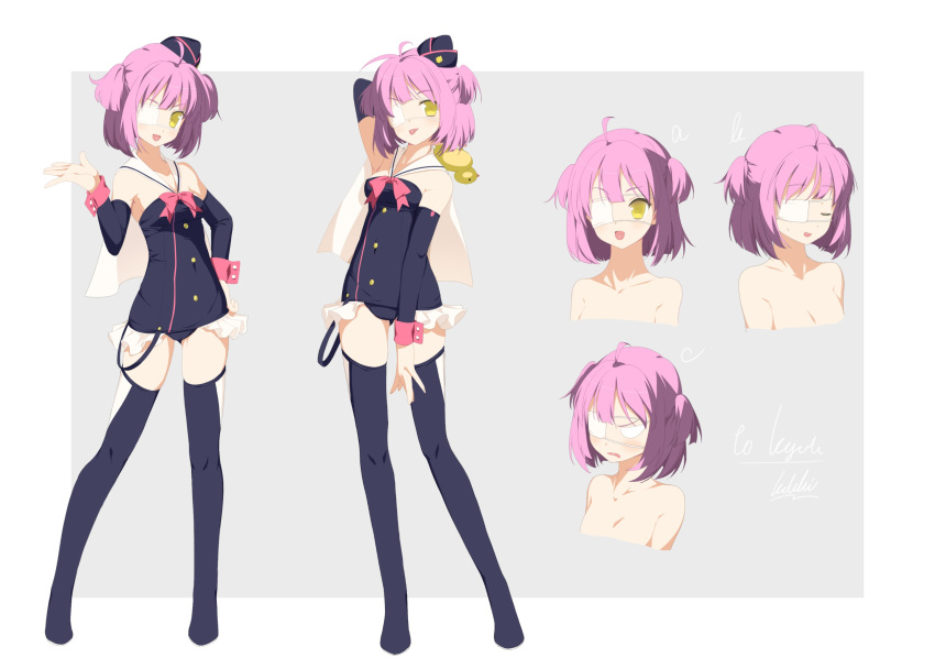 absurdres bare_shoulders breasts character_sheet eyepatch full_body half_updo hat highres indie_virtual_youtuber kurameki_kyou medium_hair naoya_come purple_hair sailor_collar second-party_source short_twintails sleeveless small_breasts tilted_headwear tongue tongue_out twintails white_background yellow_eyes