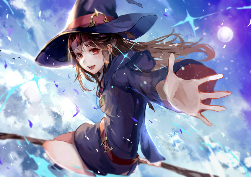 1girl bangs belt blue_headwear blue_robe breasts broom broom_riding brown_hair dress hat highres holding holding_staff hood hood_down kagari_atsuko lens_flare light_particles little_witch_academia long_hair looking_at_viewer open_mouth outstretched_arm outstretched_hand red_eyes robe sky smile solo staff vardan witch witch_hat