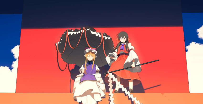 2girls :/ ^_^ absurdres arm_ribbon bangs bare_shoulders blonde_hair blue_sky boots bow brown_hair closed_eyes clouds cross-laced_footwear day detached_sleeves dress eyebrows_visible_through_hair frilled_umbrella gohei hair_between_eyes hair_bow hair_tubes hair_up hakurei_reimu hand_on_hip hat hat_ribbon highres holding holding_stick holding_umbrella lace-up_boots long_hair long_skirt long_sleeves looking_at_another mob_cap multiple_girls nontraditional_miko ouka_musci outdoors parasol purple_neckwear red_bow red_eyes red_shirt red_skirt ribbon ribbon-trimmed_sleeves ribbon_trim shirt sidelocks sitting skirt sky sleeveless sleeveless_shirt standing stick tabard tied_hair touhou umbrella white_dress wide_sleeves yakumo_yukari