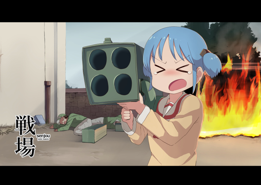 &gt;_&lt; 1boy 1girl absurdres bangs baseball_cap blue_hair blush brown_hair commando_(movie) commentary_request eyebrows_visible_through_hair fire fuka_(kantoku) full_body green_headwear green_shirt grey_pants hair_cubes hair_ornament hat highres holding holding_weapon letterboxed naganohara_mio nichijou open_mouth pants parody partial_commentary rocket_launcher school_uniform serafuku shaded_face shirt short_hair short_twintails tearing_up tokisadame_school_uniform twintails upper_body weapon