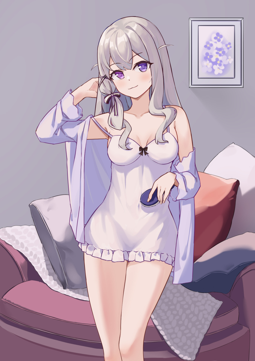 absurdres adjusting_hair azur_lane bare_shoulders blush breasts breasts_apart chair collarbone eyebrows_visible_through_hair grey_hair hair_brush hair_ribbon head_tilt heterochromia highres holding holding_brush indoors light_smile looking_at_viewer murmansk_(azur_lane) murmansk_(sceneries_of_pure_snow)_(azur_lane) nightgown official_alternate_costume pillow ping_zhong_yu ribbon sidelocks small_breasts violet_eyes white_nightgown