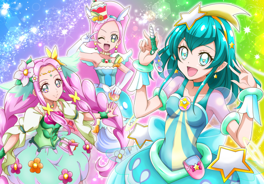 +_+ 3girls :d ;d animal_ears aqua_choker aqua_hair back_bow blue_bow blue_hairband blue_skirt bow braid breasts butterfly_hair_ornament collarbone covered_nipples cure_felice cure_milky cure_parfait dress earrings elbow_gloves fake_animal_ears flower flower-shaped_pupils gloves green_eyes green_shirt hair_flower hair_intakes hair_ornament hairband hanzou holding holding_pen horse_ears jewelry kirakira_precure_a_la_mode long_hair looking_at_viewer mahou_girls_precure! medium_breasts multiple_girls one_eye_closed open_mouth outstretched_arms pen pink_flower pink_hair pointy_ears precure see-through shiny shiny_hair shirt short_sleeves skirt sleeveless sleeveless_dress smile star-shaped_pupils star_(symbol) star_earrings star_hair_ornament star_twinkle_precure symbol-shaped_pupils twin_braids very_long_hair white_gloves yellow_hairband