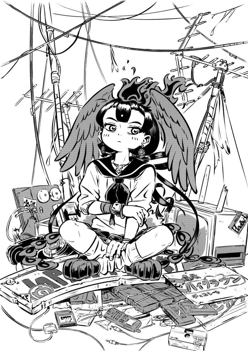 1girl alternate_costume appleq bird_tail bird_wings camera cassette_tape cellphone closed_mouth contemporary earrings expressionless fiery_hair fire floppy_disk full_body game_cartridge greyscale hand_on_own_arm hand_on_own_leg head_wings hi_no_tori hi_no_tori_(kemono_friends) highres indian_style jewelry kemono_friends knees_apart_feet_together looking_at_viewer monochrome outstretched_arm pendant phone radio_antenna rotary_phone sailor_collar school_uniform shirt shoes short_hair sign sitting sitting_on_object skirt socks solo tail television videocassette watch watch wings
