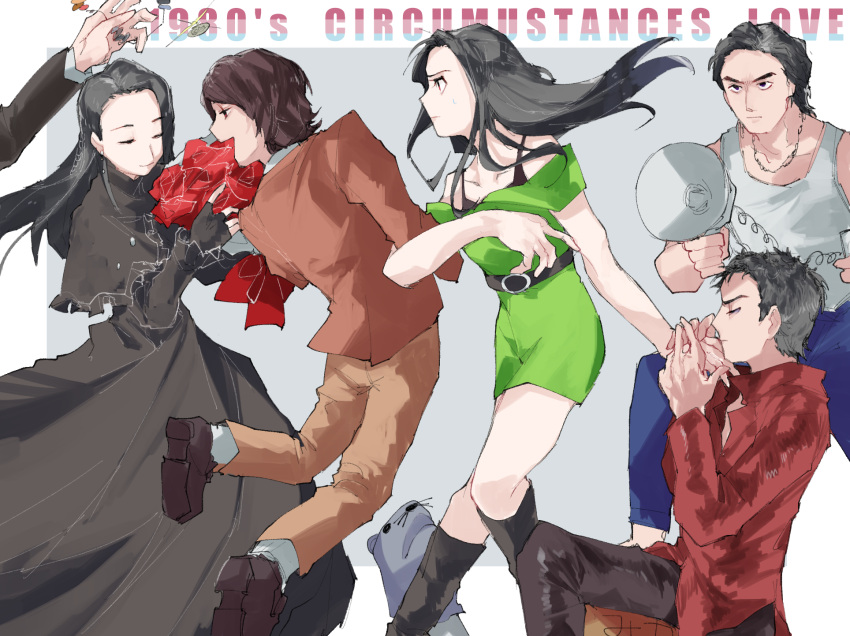 2girls 4boys arm_up asou_yuri bags_under_eyes bare_shoulders belt black_bra black_capelet black_dress black_eyes black_footwear black_gloves black_hair black_pants blue_pants boots border bouquet bra bra_strap braid brown_footwear brown_hair brown_jacket brown_pants capelet chikichi closed_eyes closed_mouth coin collarbone commentary_request dress earrings english_text engrish_text fingerless_gloves flower frilled_capelet frills from_behind from_side glint gloves green_dress grey_background grey_shirt half-closed_eyes hand_up hands_together hands_up happy highres holding holding_bouquet holding_hands itoya_ryou jacket jewelry jiro_(kamen_rider_kiva) jumping kamen_rider kamen_rider_kiva_(series) king_(kamen_rider_kiva) knee_boots knees_together_feet_apart kurenai_otoya locked_arms long_hair long_sleeves maya_(kamen_rider_kiva) megaphone multiple_boys multiple_girls necklace off_shoulder one_knee open_clothes open_jacket open_mouth outside_border pants profile ranguage red_eyes red_flower red_jacket red_rose riki_(kamen_rider_kiva) rose shirt shoes short_dress short_hair short_sleeves simple_background sleeveless sleeveless_shirt smile socks standing sweat tank_top tied_hair typo underwear v-shaped_eyebrows white_border white_legwear