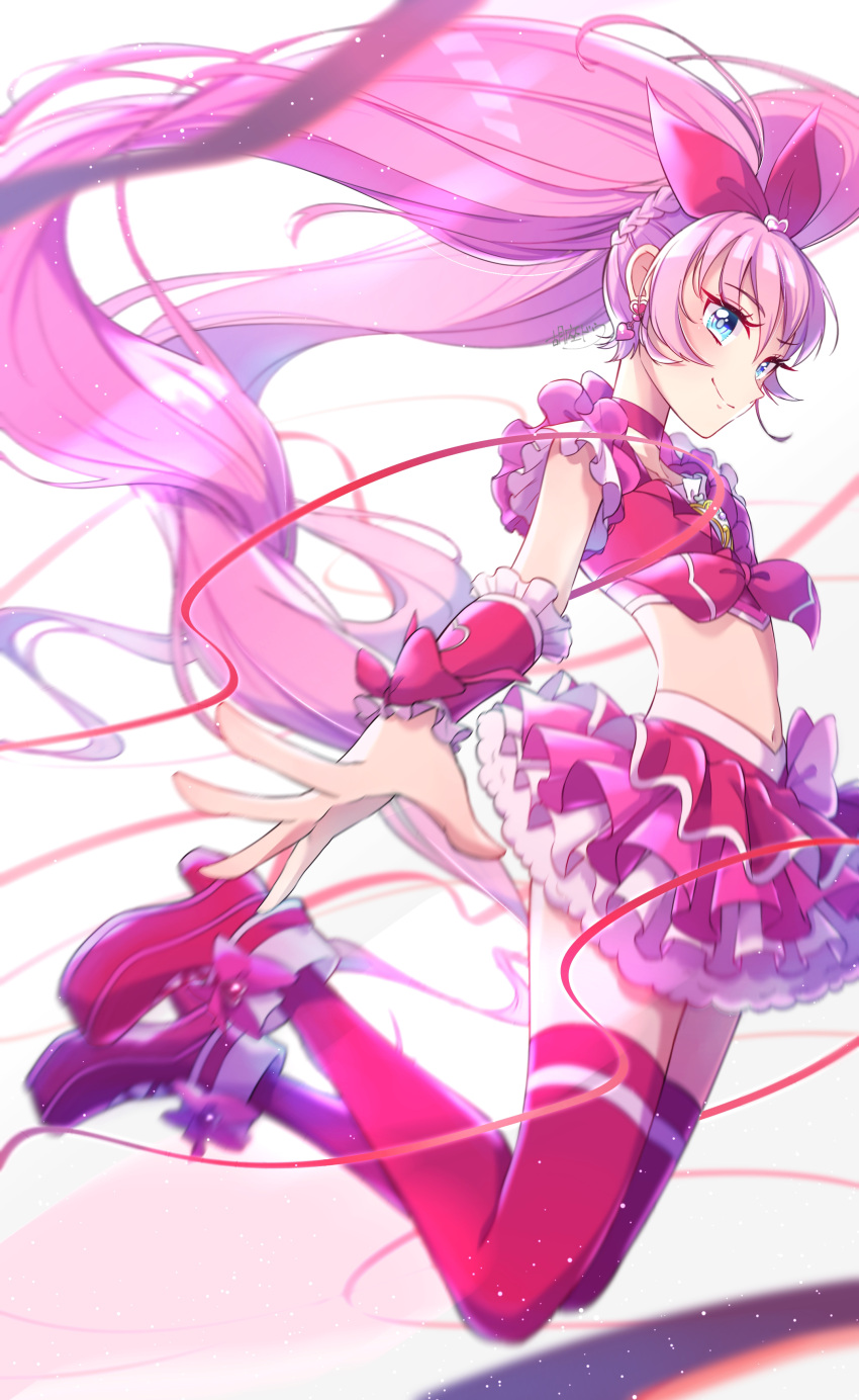 1girl absurdres agura_dou backlighting blue_eyes bow braid brooch choker closed_mouth crop_top cure_melody earrings frilled_skirt frills full_body hair_bow hair_ornament heart heart_earrings heart_hair_ornament highres houjou_hibiki jewelry jumping layered_skirt long_hair looking_at_viewer magical_girl midriff navel pink_bow pink_footwear pink_hair pink_legwear pink_neckwear pink_skirt pink_theme precure red_ribbon ribbon shoes signature simple_background skirt smile solo suite_precure thigh-highs twintails white_background wrist_cuffs zettai_ryouiki