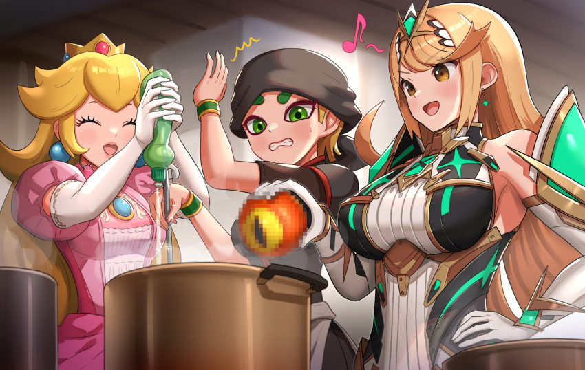 3girls arms_(game) bandana bangs bare_shoulders blonde_hair breasts chest_jewel closed_eyes cooking disgust dress earrings elbow_gloves food gem gloves gonzarez green_eyes headpiece highres jewelry large_breasts long_hair super_mario_bros. min_min_(arms) multiple_girls mythra_(massive_melee)_(xenoblade) mythra_(xenoblade) noodles open_mouth princess_peach short_dress smile super_smash_bros. swept_bangs tiara very_long_hair white_dress white_gloves xenoblade_chronicles_(series) xenoblade_chronicles_2 yellow_eyes