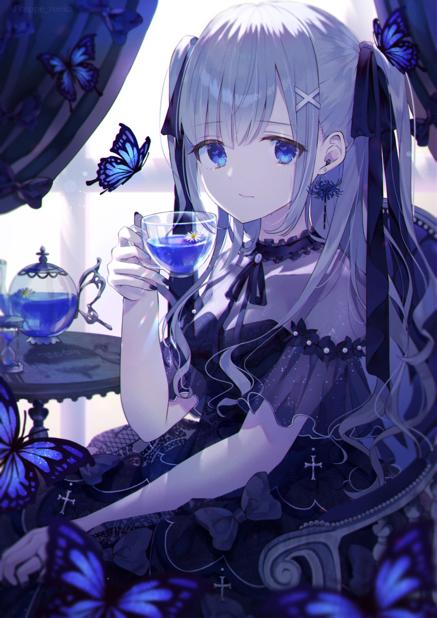 1girl bangs black_dress black_nails blue_butterfly blue_eyes breasts bug butterfly crying crying_with_eyes_open cup curtains dress eyebrows_visible_through_hair gothic_lolita hair_behind_ear hair_ornament hairclip highres holding holding_cup insect kappe_reeka lolita_fashion original small_breasts solo teacup teapot tears two_side_up white_hair window