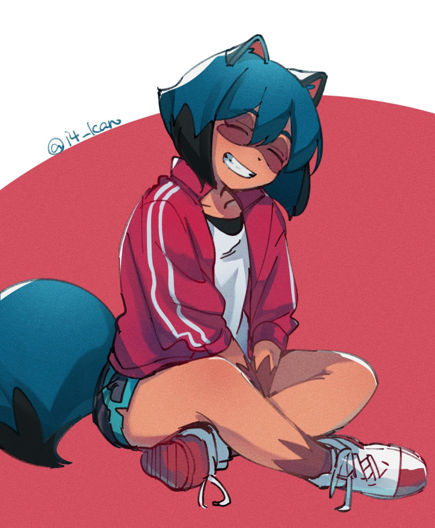 1girl ^_^ animal_ears blue_hair brand_new_animal closed_eyes commentary cross-laced_footwear furry grin highres i4_kan jacket kagemori_michiru raccoon_ears raccoon_tail red_jacket shirt shorts sitting smile solo symbol_commentary tail twitter_username white_shirt