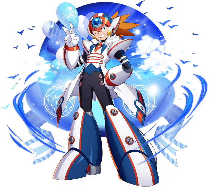 1boy ;d alternate_costume android axl balloon clouds cloudy_sky forehead_jewel formal full_body green_eyes grin hand_on_hip helmet highres looking_at_viewer male_focus mizuno_keisuke necktie official_art one_eye_closed open_mouth orange_hair ribbon rockman rockman_x rockman_x7 rockman_x_dive scar screw sky smile solo spiky_hair suit transparent_background v white_day white_suit