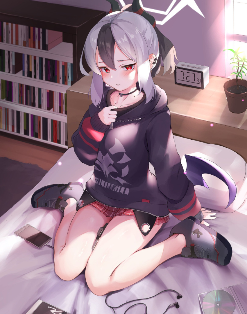 1girl arm_support arm_up bangs bare_legs bed bedroom between_legs black_footwear black_hair blue_archive blush book bookshelf cd cellphone choker clock clothes_writing collarbone commentary earphones earphones hair_between_eyes highres hood hood_down hoodie horns indoors kayoko_(blue_archive) long_hair long_sleeves looking_at_viewer miniskirt mole mole_on_neck multicolored_hair nose_(oekaki1825) phone piercing plaid plaid_skirt plant ponytail potted_plant red_eyes red_skirt rug shelf shirt_grab shoes sitting skirt smartphone solo sunlight thighs two-tone_hair wariza white_hair window wooden_floor