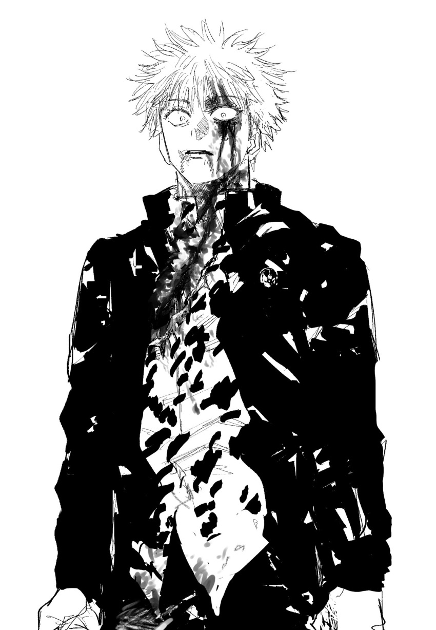 black_jacket blood blood_on_face bloody_clothes clenched_hand collared_jacket cowboy_shot dress_shirt gojou_satoru greyscale highres injury jacket jujutsu_kaisen long_sleeves monochrome open_clothes open_jacket serious shirt short_hair simple_background syrnrr torn_clothes upper_body white_background white_hair white_shirt wide-eyed