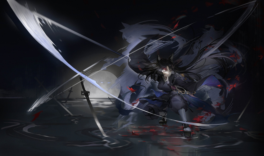 absurdres animal_ears arknights bangs beads dark dog_ears guernical highres holding holding_weapon long_hair looking_at_viewer one_eye_closed parted_bangs saga_(arknights) solo sword very_long_hair water weapon