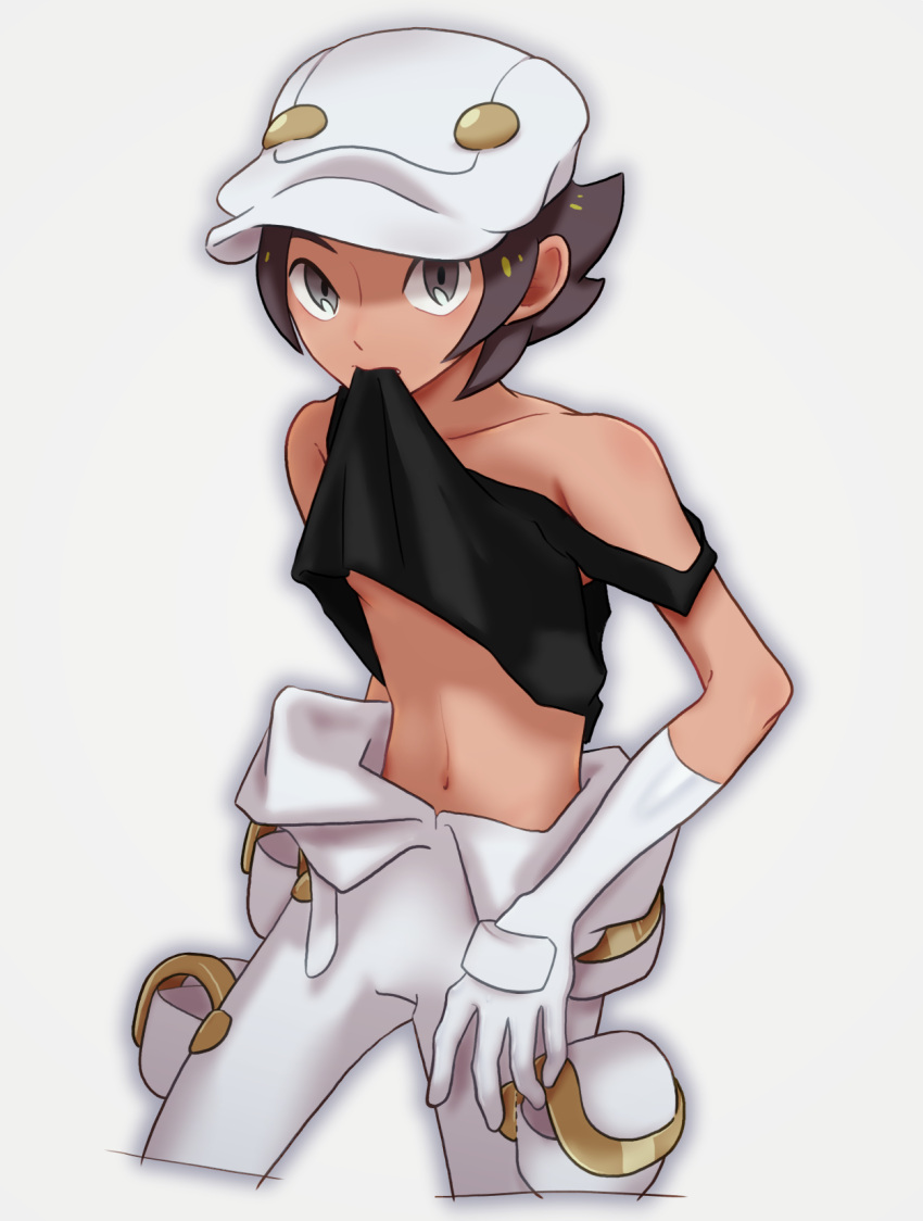1boy aether_foundation_employee black_shirt brown_hair collarbone commentary_request cowboy_shot gloves grey_eyes hat highres komurapk lifted_by_self looking_at_viewer male_focus mouth_hold navel pokemon pokemon_(game) pokemon_sm shirt shirt_in_mouth shirt_lift simple_background solo white_background white_gloves white_headwear