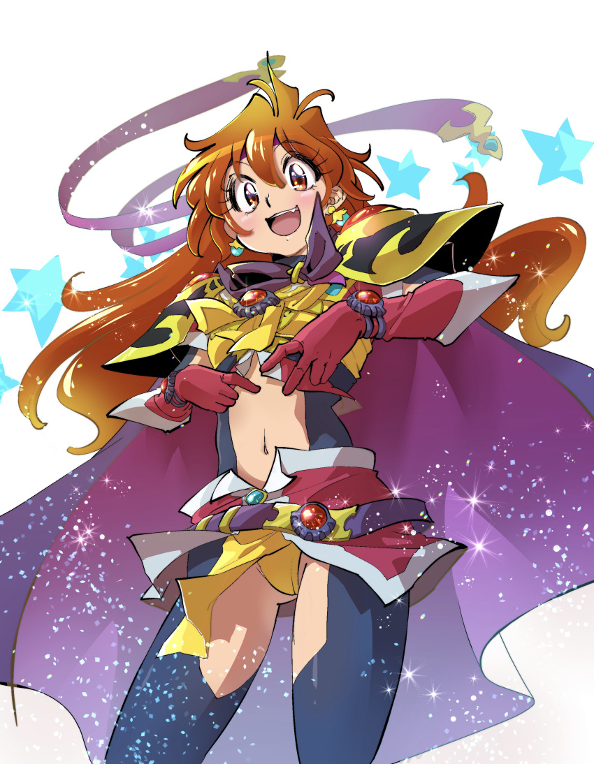 1girl :d absurdres alternate_costume armor black_legwear blush brooch cape cowboy_shot earrings gloves highres ichi_orgin jewelry legs_apart lina_inverse long_hair looking_at_viewer navel open_mouth orange_hair panties pauldrons pink_gloves pink_skirt red_eyes shoulder_armor simple_background skirt slayers smile solo standing star_(symbol) thigh-highs underwear upskirt white_background yellow_panties