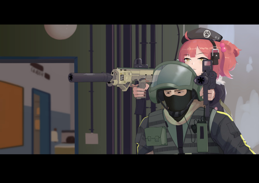 1boy 1girl absurdres ahoge bandit_(rainbow_six_siege) beret carrying crossover dual_wielding expressionless girls_frontline gun h&amp;k_mp7 hat highres holding mp7_(girls_frontline) piggyback rainbow_six_siege red_nails redhead reflex_sight short_hair side_ponytail submachine_gun suppressor trigger_discipline weapon weapon_connection yellow_eyes yonao