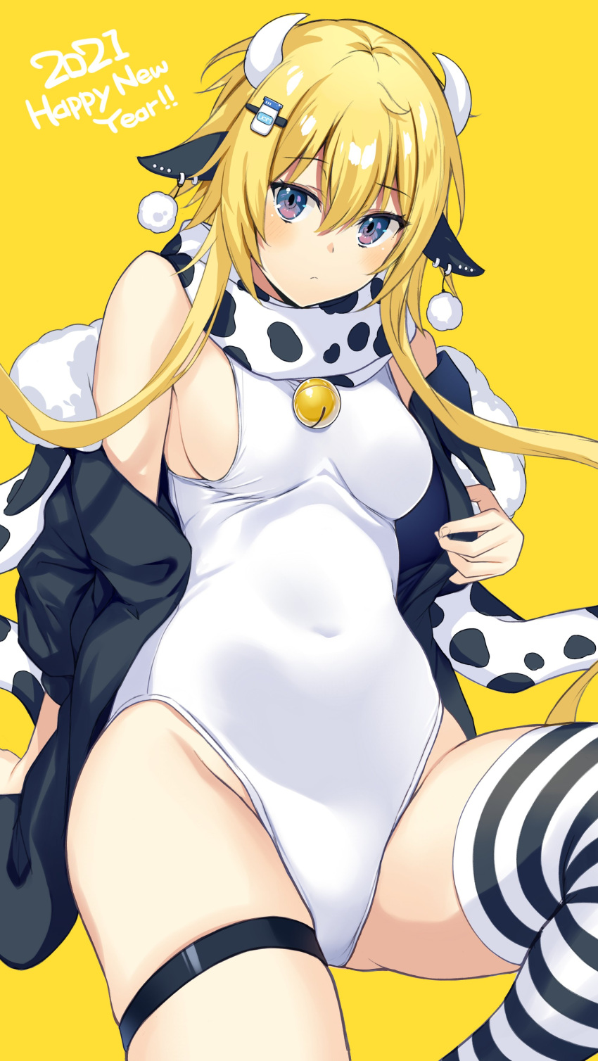 1girl absurdres animal_ears animal_print bell blonde_hair commentary_request covered_navel cow_horns cowbell fur-trimmed_jacket fur_trim hair_ornament highres horns jacket kurebayashi_noe leotard looking_at_viewer multicolored multicolored_eyes off-shoulder_jacket open_clothes open_jacket original scarf single_thighhigh sitting thigh-highs thigh_strap two-tone_legwear white_leotard yellow_background