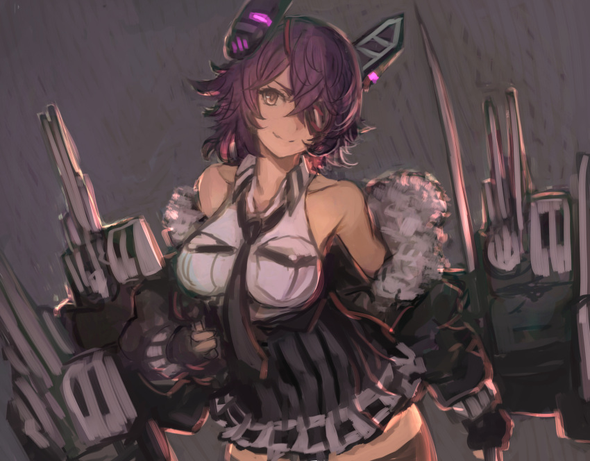 1girl black_neckwear breast_pocket breasts brown_eyes closed_mouth collarbone eyepatch headgear highres kantai_collection large_breasts machinery moor neckerchief pocket purple_hair remodel_(kantai_collection) rigging short_hair smile solo tenryuu_(kancolle) turret