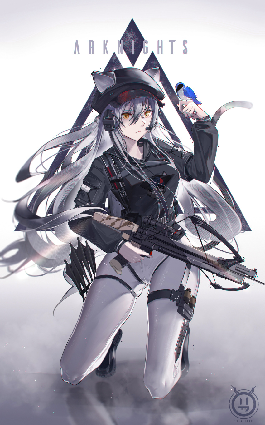 1girl absurdres animal_ears animal_on_hand arknights arm_up arrow_(projectile) artist_name bangs bird black_footwear black_headwear black_jacket boots breasts cabbie_hat cat_ears cat_tail commentary_request copyright_name crossbow grey_hair hat headset highres holding holding_crossbow jacket kneeling long_hair long_sleeves looking_at_viewer medium_breasts microphone orange_eyes pants schwarz_(arknights) sidelocks solo tail very_long_hair white_pants yuan_long