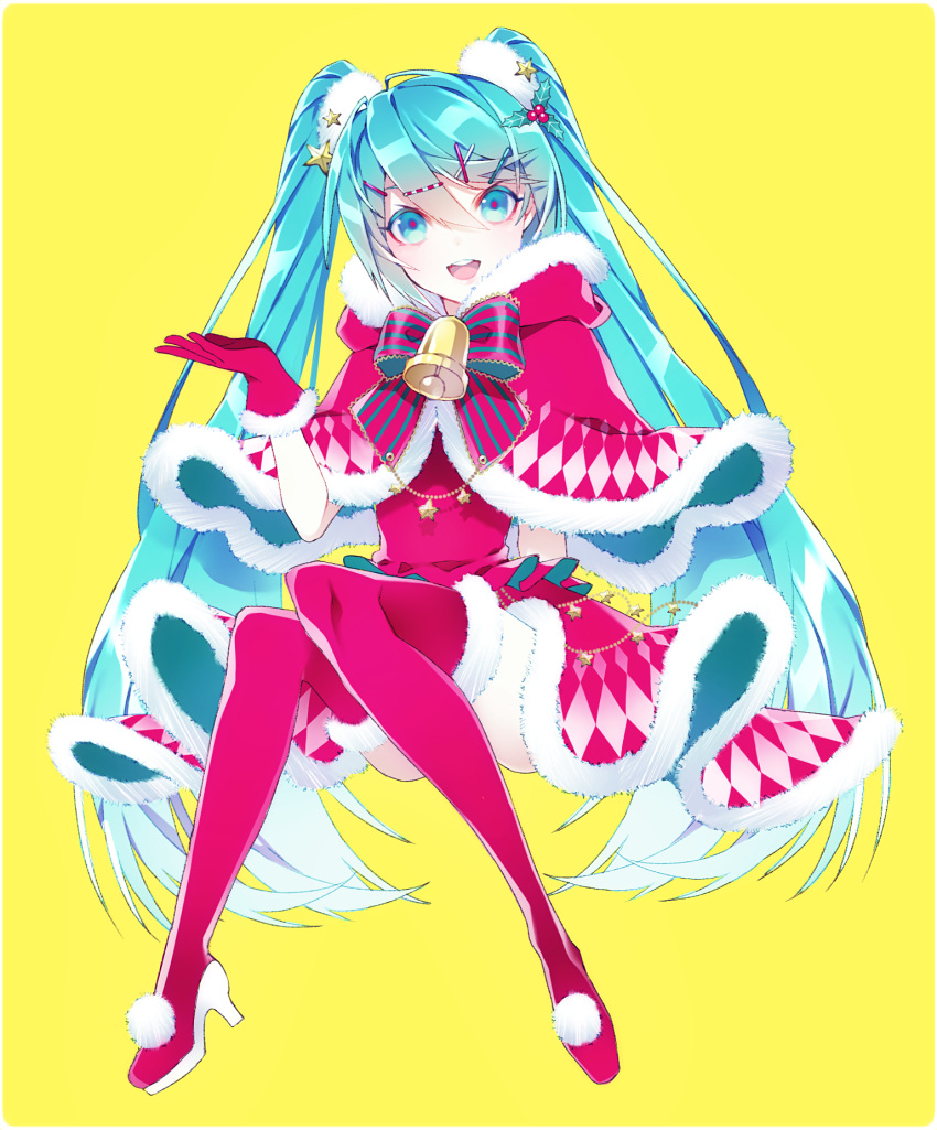 1055 1girl :d ball bangs blue_eyes blue_hair boots border capelet dress full_body fur-trimmed_boots fur-trimmed_capelet fur-trimmed_dress fur-trimmed_gloves fur_trim gloves gradient_hair hair_between_eyes hair_ornament hairclip hatsune_miku high_heel_boots high_heels highres invisible_chair long_hair looking_at_viewer multicolored_hair open_mouth red_capelet red_dress red_footwear red_gloves santa_costume shiny shiny_hair silver_hair simple_background sitting smile solo star_(symbol) star_hair_ornament striped striped_neckwear swept_bangs thigh-highs thigh_boots very_long_hair vocaloid white_border yellow_background
