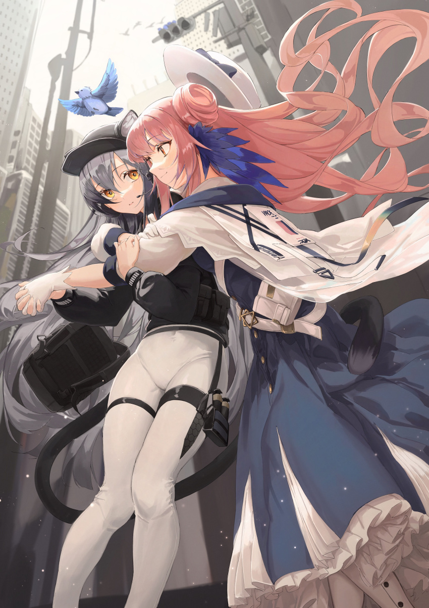 2girls absurdres animal_ears arknights belt bird black_headwear blue_skirt blush cat_ears cat_girl cat_tail ceylon_(arknights) day ears_through_headwear eye_contact feet_out_of_frame frilled_skirt frills gloves hair_bun hat hat_removed headset headwear_removed highres holding_hands hug interlocked_fingers jacket long_hair long_skirt long_sleeves looking_at_another multiple_girls open_clothes open_jacket outdoors pants parted_lips pink_hair red_eyes rui_(rei_leyi) schwarz_(arknights) schwarz_(skyline)_(arknights) side_bun silver_hair skirt smile standing tail thigh_strap tight tight_pants traffic_light very_long_hair white_gloves white_headwear white_jacket white_pants yellow_eyes