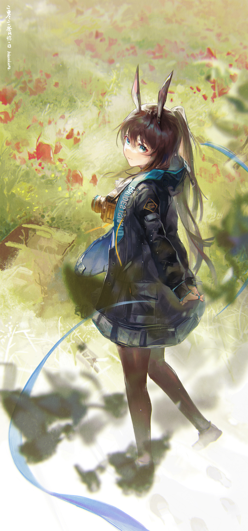 1girl absurdres amiya_(arknights) animal_ears arknights arms_behind_back bangs black_coat blue_eyes brown_hair brown_legwear camera camera_on_neck coat commentary day daylightallure english_commentary footprints full_body grass hands_clasped highres jewelry long_hair long_sleeves looking_at_viewer multiple_rings open_clothes open_coat own_hands_together pantyhose ponytail rabbit_ears ring snow solo walking