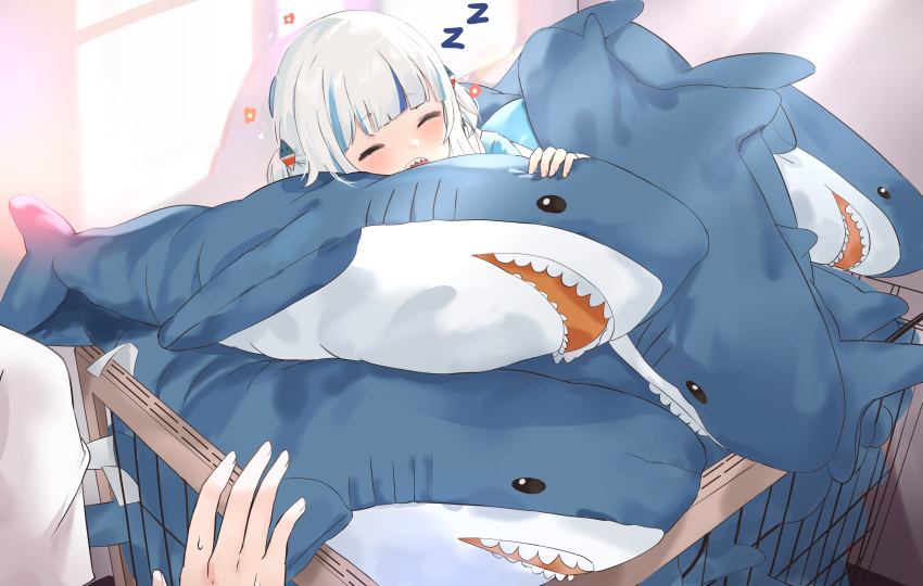 absurdres closed_eyes derby_(dabidabi) eyebrows_visible_through_hair fangs gawr_gura hair_ornament hand_up highres hololive hololive_english ikea_shark out_of_frame shark_hair_ornament sleeping stuffed_animal stuffed_shark stuffed_toy twintails virtual_youtuber white_hair zzz