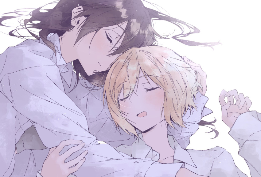 2girls blonde_hair brown_hair closed_mouth erica_hartmann eyebrows_visible_through_hair gertrud_barkhorn hair_between_eyes hand_on_another's_arm hand_on_another's_head highres hug long_hair long_sleeves lying multiple_girls open_mouth saki_hajime shirt short_hair sleeping strike_witches white_background white_shirt world_witches_series