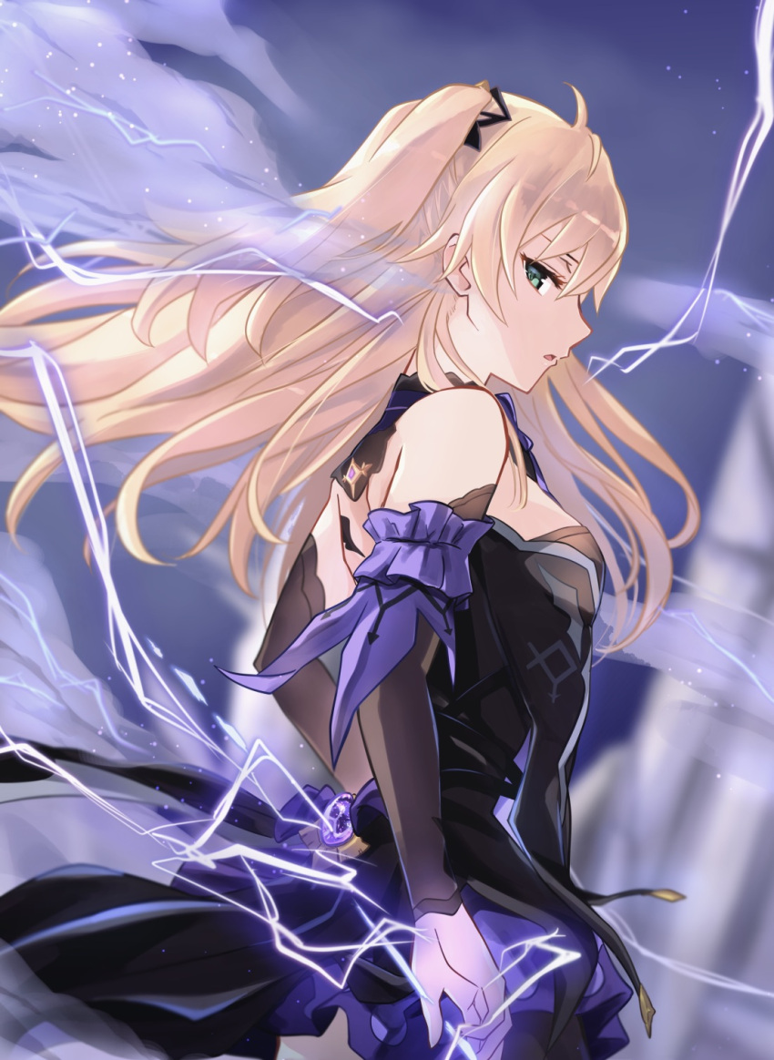 1girl black_legwear black_ribbon black_sleeves blonde_hair blue_skirt blurry blurry_background breasts detached_sleeves electricity fischl_(genshin_impact) floating_hair from_side genshin_impact green_eyes hair_ribbon highres long_hair long_sleeves looking_at_viewer looking_to_the_side open_mouth pantyhose pinky_iwata profile ribbon skirt small_breasts solo standing twintails