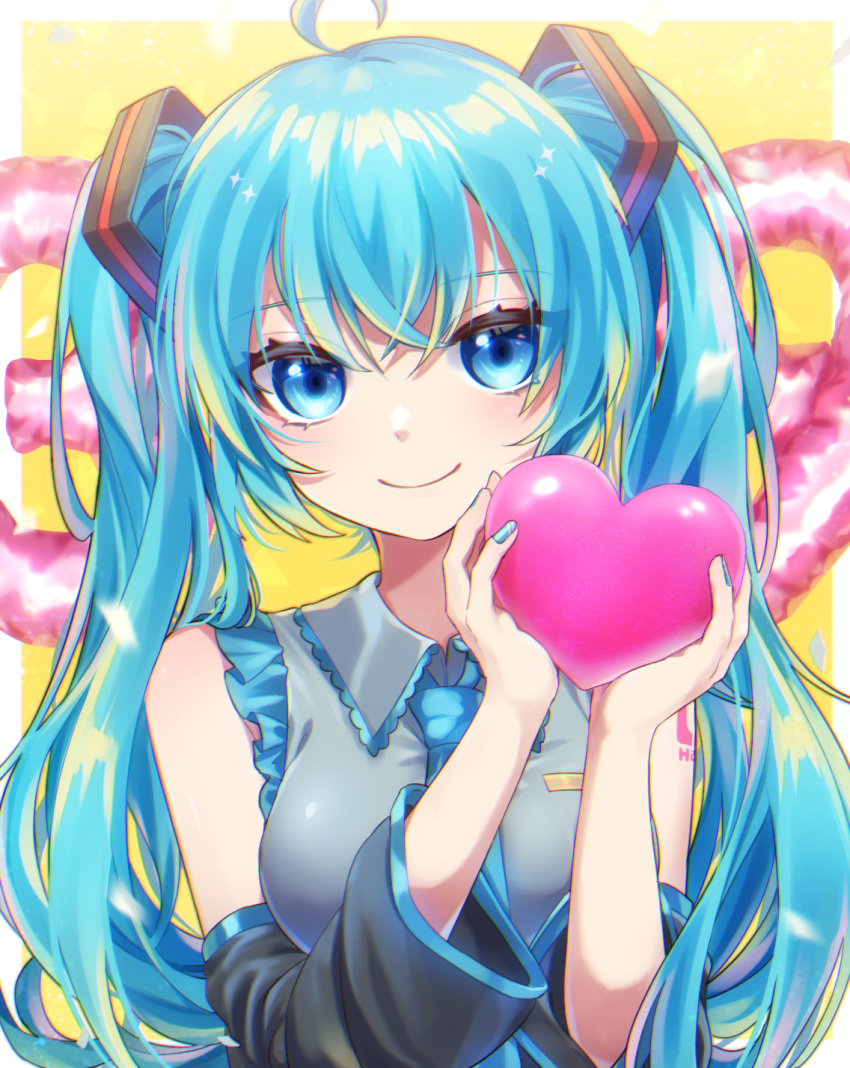 1girl 39 ahoge aqua_eyes aqua_hair aqua_nails aqua_neckwear blush breasts closed_mouth commentary detached_sleeves dress_shirt eyebrows_visible_through_hair frilled_shirt frills hair_between_eyes hatsune_miku heart highres holding lace-trimmed_collar lace_trim long_hair looking_at_viewer medium_breasts necktie number_tattoo shirt simple_background sleeveless sleeveless_shirt smile soramame_pikuto tattoo tsurime twintails upper_body vocaloid wide_sleeves wing_collar